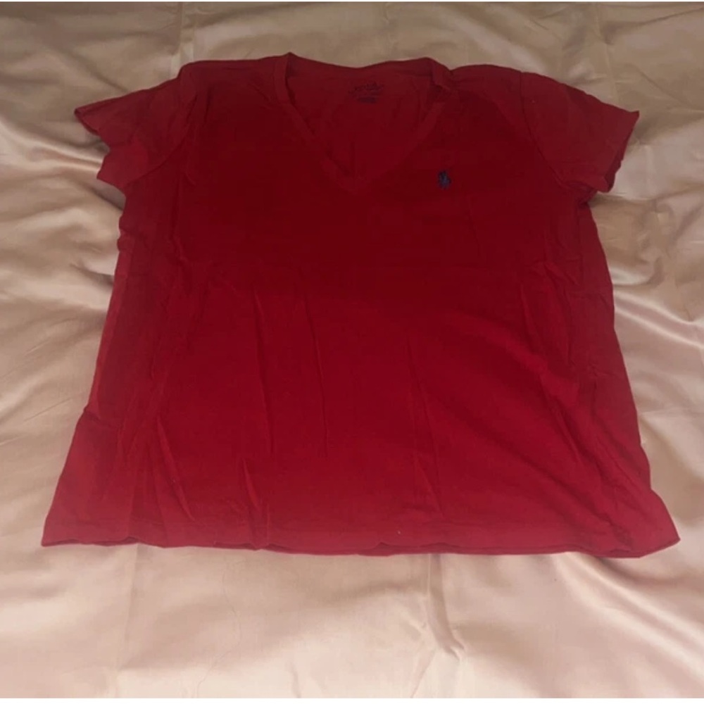 Polo Ralph Lauren Logo Women V-Neck Small Classic Fit Tshirt Tee Red MSRP $58.00